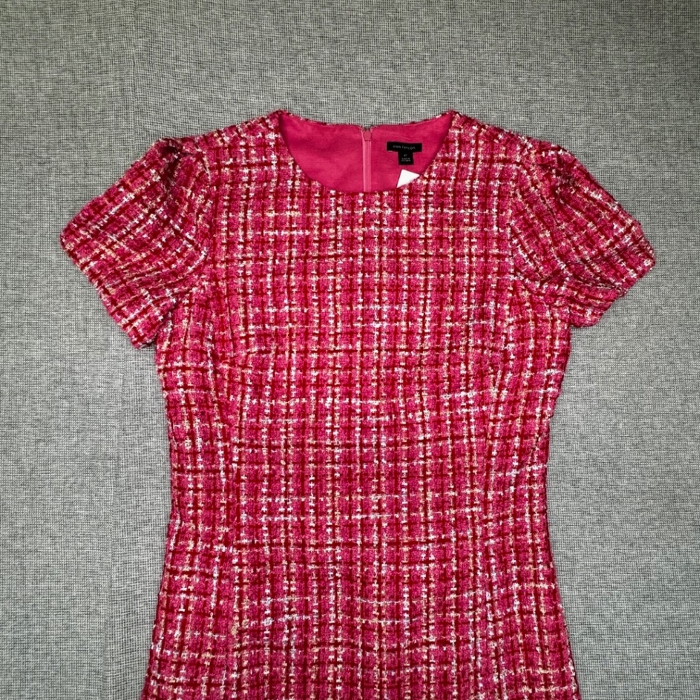 Ann Taylor Pink Tweed Dress Short Sleeve Sheath Barbie Core Classic Chic Sz 8 - Picture 2 of 5